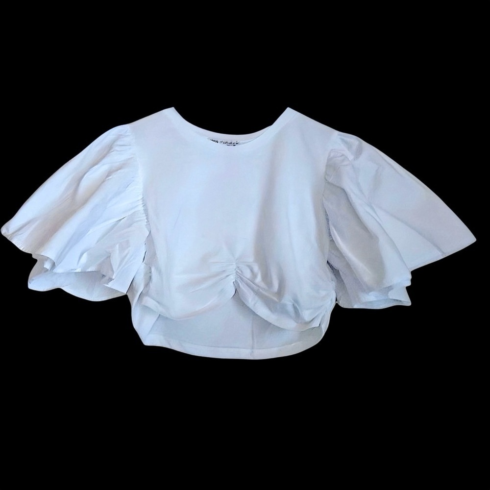 (NWOT) ZARA White Ruffled Crop Top | Puff Bell Sleeves Ruched Hem | Size Small - Picture 7 of 10